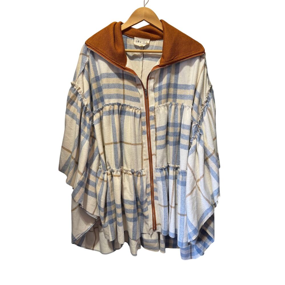 Oil & Hali Tiered Front Zip Blue Plaid Poncho Jacket W/Ribbed Collar S/M
